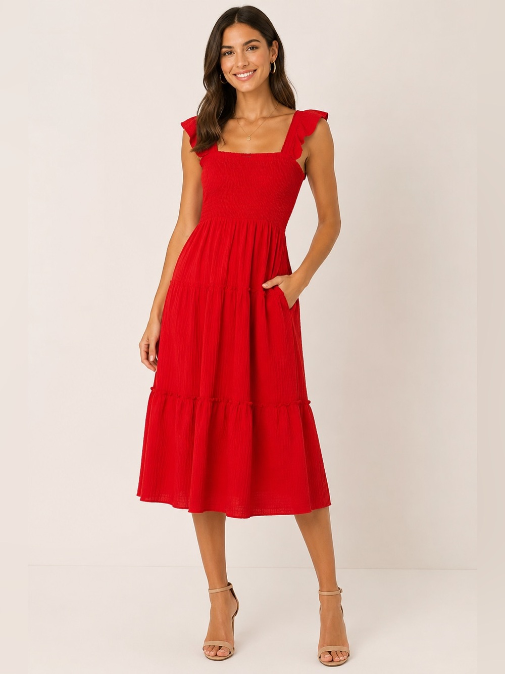 Vince Camuto Smocked Tiered Midi Dress Red XS NWT Pockets
